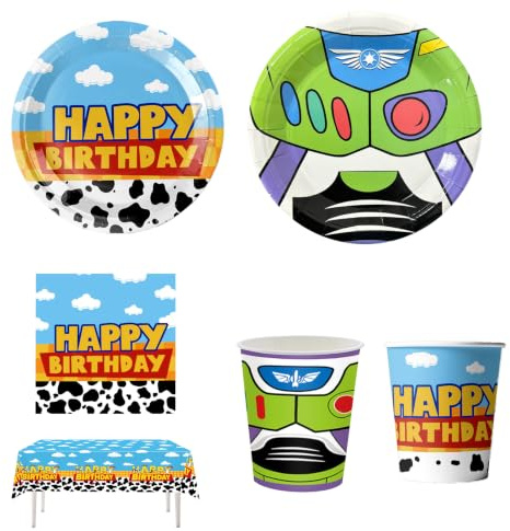 61 piezas Set de vajilla para fiestas con temática de «Toy Story», artículos para fiestas de cumpleaños, incluye vasos, platos, servilletas, manteles y artículos para fiestas, para 20 personas
