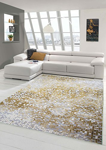 Traum Designer Teppich Moderner Wohnzimmer Kurzflor Mit Konturenschnitt Kariert in Grau Senfgelb Creme - Größe 80 x 300 cm