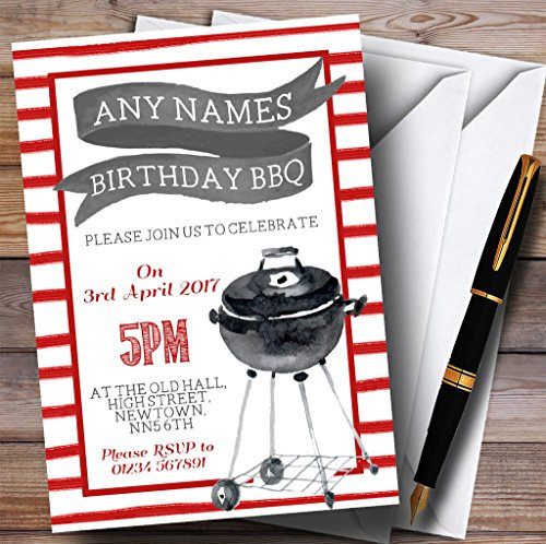 Childrens's Kids Party Invites Red Stripes BBQ Childrens's Kids Birthday Party Invitations with Envelopes - Any Custom Text for Any Occasion