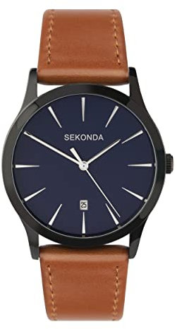 Sekonda 1514 Analoge Quarzuhr für Herren, blaues Zifferblatt und braunes Lederband