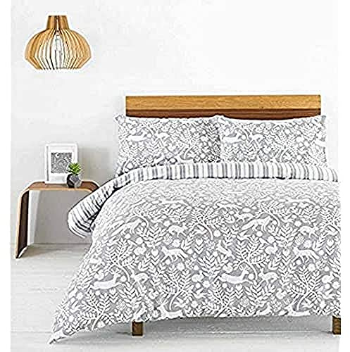 Creative Cloth Skandi Woodland Super King Duvet Cover Set - Grey White - Scandinavian Woodland Animal Design - Striped Reverse - 100% Cotton - Machine Washable - 260 x 220cm (102 x 87 inches)