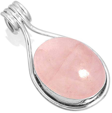 Jeweloporium Collier en argent et quartz rose, pendentif en argent sterling 925 pour femme, bijou artisanal en grosse pierre ovale