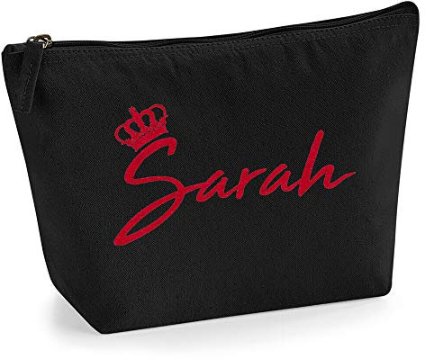 Personalisiert Name Initialen & Königin Krone Kosmetiktasche Damen Schminktasche für Handtasche Makeup Tasche - Glitter oder Flocke Material Druck - Rote Flocke - L - Schwarz
