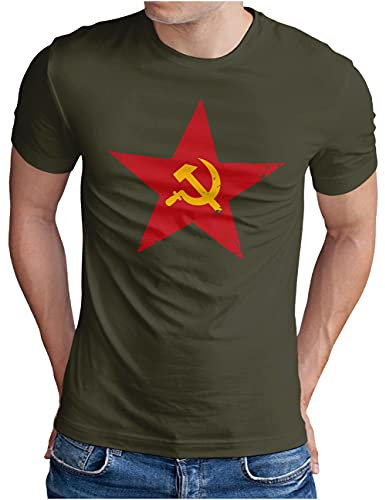 OM3® Retro Soviet-Star T-Shirt - Herren - UDSSR Hammer und Sichel - Oliv, 3XL