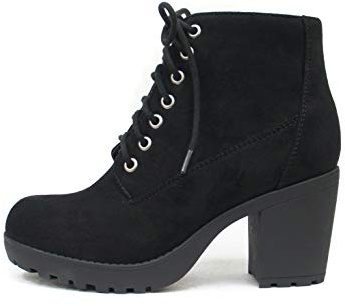 Soda Second Lug Sole Chunky Heel Combat Ankle Boot Lace up w/Side Zipper (7.5, Black Imitation Suede)