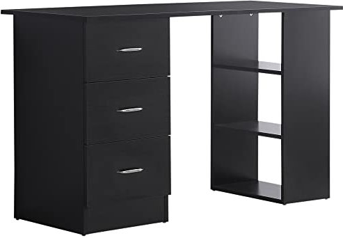 HOMCOM Computer Desk, Writing Table, PC Workstation with 3 Storage Shelves and Drawers, Silver Handle, for Home Office, Black