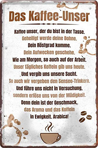 WOGEKA ART Retro Blechschild Das Kaffee-Unser: Geheiligt werde Deine Bohne witziger Spruch als Geschenk-Idee zum Geburtstag Weihnachten zur Dekoration 20x30 cm Vintage-Design aus Metall 733