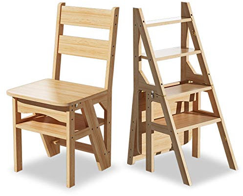 WYF-ZB Massivholz-Klappleiter Lehrstuhl for Küche, Haushalt Faltbare Trittschemel Leiter Stuhl Tragbare Trittleiter und Stühle Kombination (Color : Wood Color)