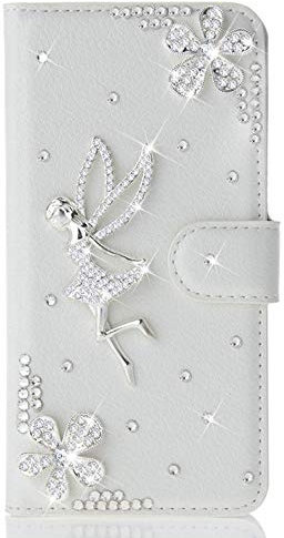 Awenroy Glitter Wallet Case for iPhone 12 / iPhone 12 Pro Luxury Bling Rhinestones Diamonds Pattern and PU Leather Magnetic Flip Cover with Card Slots Holders Wallet Case - White