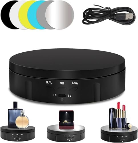 Motorized Rotating Display Stand, 360 Degree Turntable Display Stand with 6 Color Background Boards for Photography Products Shows, Toys, Jewelry, Battery/USB Power, 5.75 Inch/22LB(10kg) Load (Black)