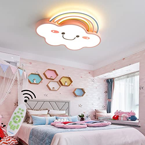 LED Deckenleuchte Dimmbarer mit Fernbedienung Smiley Deckenlampe Kinderzimmer Beleuchtung Niedliche Wolkenform Junge und Mädchen Schlafzimmer Kindergarten Zimmer Deckenleuchte Leuchte Rosa 63cm
