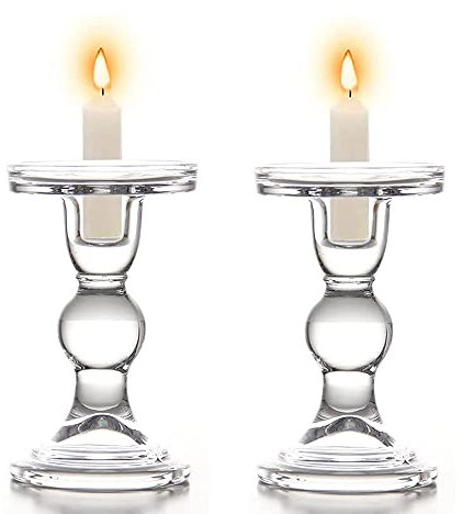 eKsdf 2 Stück Klarglas Kerzenhalter Stumpenkerzen Stabkerzen Kerzenständer Teelichthalter Tischdeko für Hochzeit Esstisch Abendessen Weihnachten Party (14cm Höhe)