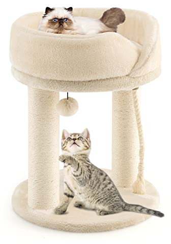 COSTWAY Petit Arbre à Chat Pas Cher 2 Poteaux en Sisal et Peluche Douce, Griffoir pour Chat avec Boule de Fourrure,43x43x53cm Charge 10kg pour Gratter Détendre Dormir, Montage Facile (Beige)