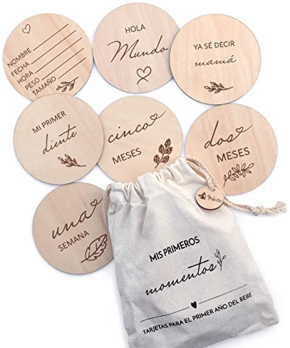 Mikito Tarjetas CUMPLE MES BEBE madera en ESPAÑOL - CAPTURA 30 MOMENTOS ESPECIALES del primer año de tu bebé - Perfecto como regalos bebes recien nacidos originales