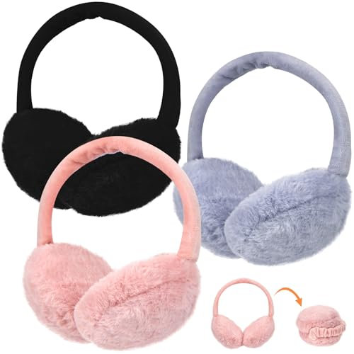 SATINIOR 3 Damen Ohrenschützer Faltbare Winter Einstellbare Kunstpelz Ohrenwärmer(Grau, Schwarz, Nacktes Rosa)