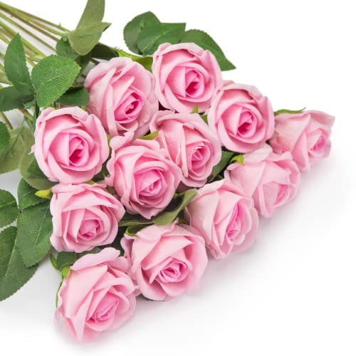 OWLKELA Lot de 12 Roses artificielles en Flanelle, Fleurs artificielles à Tige Longue avec Boutons de Rose, Fleurs décoratives réalistes pour Mariage, Maison, Jardin, fête d'anniversaire (Rose)