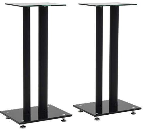 WIFFSE Support Haut Parleur 2 Pcs Verre Trempé Design Moderne 2 Colonnes Noir 61 cm de Hauteur Pieds d'Enceintes avec Patins en Plastique Antidérapants pour Home Cinema Bureau