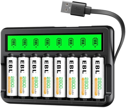 EBL AA Rechargeable Batteries 2800mAh 8 Count and 8 Bay Smart Battery Charger with Built-in Cable for AA AAA Ni-MH Ni-CD Rechargeable Batteries (2023 Newest Version)