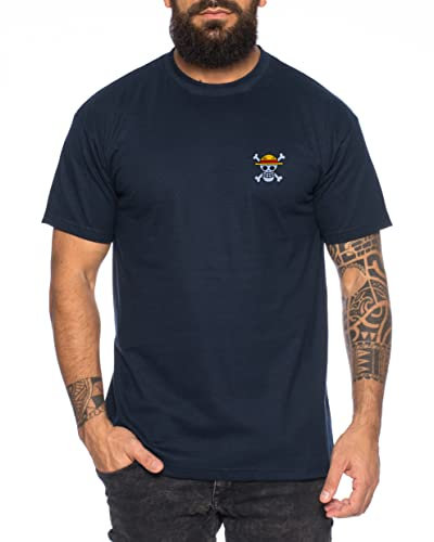 Ruffy T-Shirt Brodé Homme - Broderie Chemise Straw Hat One Pirate Piece Anime Luffy Zoro, Tasse:Bleu foncé, Taille:XXL