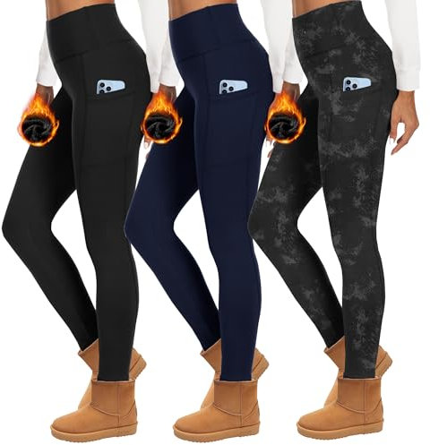 HIPOWER 3er Pack Thermoleggings Damen Mit Taschen Leggings Gefüttert Winter High Waist Fleece Warme Leggins Blickdicht Schwarz Sport Thermounterwäsche Laufhose(A-Schwarz+Navy+Schwarz Bedruck,L-XL)
