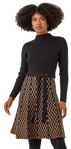 Roman Originals Ribbed Jumper Dress for Women UK with Contrast Panelled Skirt Ladies Everyday Autumn Winter High Neckline Comfy Soft Evening Vacation Work Party Night Out - Camel - Size 10
