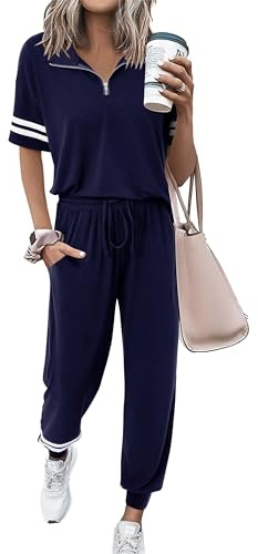 MASCOMODA Womens Two Piece Outfits 2026 Summer Short Sleeve Quarter Zip Pullover Tops Jogging Pants Tracksuit Loungewear Set(Navy,Medium)