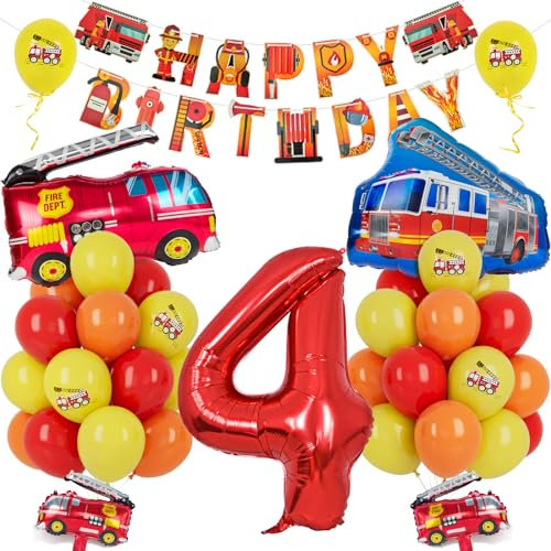 Feuerwehrauto 4 Geburtstag Luftballon, 37 Stück Feuerwehr Luftballon Deko mit Banner, Zahl 4 Ballon mit Feuerwehrauto Ballon, Feuerwehrmann Dekoration für Jungen Mädchen Kinderparty Geburtstags Party