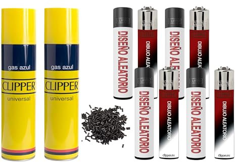 Clipper 8 Mecheros + 2 Botella Gas Azul 300 ml Gas Sirve para Recargar Soplete de Cocina + 9 Piedras de Mechero de Regalo Kit DISPAU Esencial