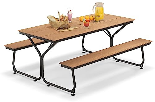 GOPLUS Ensemble Banc et Table de Pique-Nique pour 6 à 8 Personnes, 183CM Table Chaise Camping Exterieur en Métal avec Plateau en HDPE,Trou pour Parasol, pour Terrasse &Jardin, Charge 500KG (Marron)