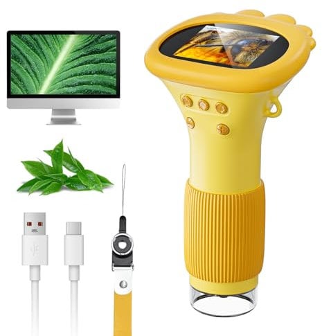 SGAINUL Microscope Numérique pour Enfants avec Écran IPS 2.0 Pouces, Rechargeable, Grossissement 1000x, 8 Lumières LED, pour Enfants de 3 à 8 Ans(Orange)
