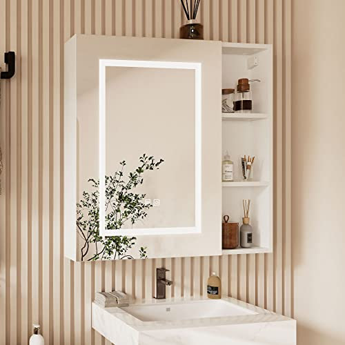 KEEPREAPER Spiegelschrank Bad mit Beleuchtung und Entnebelungsfunktion, Badschrank hängend mit Spiegel und 3 Einlegeböden, Badezimmerschrank für Badezimmer modern, 70x13x70cm