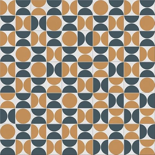 R2 Flooring- Retro Geo Tile Effect Vinyl Flooring Roll, Slip Resistant, felt back vinyl, kitchen vinyl, bathroom flooring, tile design vinyl flooring (Ochre Terracotta & Navy, 4m x 4m)