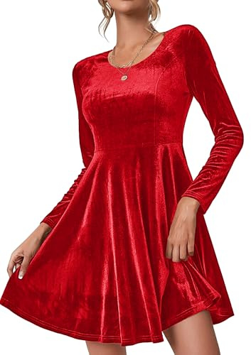 Zeagoo Samtkleid Damen Langarm Abendkleid Weihnachtskleid Rundhals Partykleid Festliche Kleider Knielang Winterkleid Cocktailkleid
