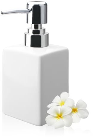 Qudubuy 320ml Refillable Square Ceramic Soap Dispenser with Long Spout Lotion Pump Bottle for Kitchen, Bathroom, Office, and Hotel Use (White)