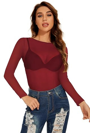 florynova Womens Mesh Tops See Through Sheer Stretchy Long Sleeve Blouse Slim Fit Shirt(Wine Red,L)