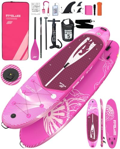 FIVELAKE Aufblasbares Stand Up Paddle Board für Erwachsene 335cm Kommt mit SUP Paddleboard Zubehör Verstellbares Paddel, Pumpe, Reiserucksack, Leine, wasserdichte Tasche (rosa)