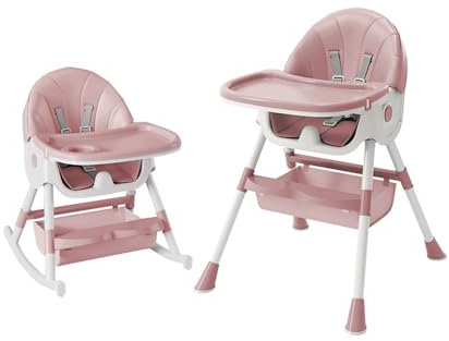 Chaise Haute Bebé Évolutive, pour Enfants de 0 Mois à 60 kg, 3 Positions d'Inclinaison, Repose-Pieds Réglables, Pliage compact, 4 Roues-Six en un – Rose