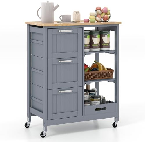 COSTWAY Carrito de Cocina con Ruedas Bloqueables, Carrito de Servicio Multiuso con 2 Estantes Abiertos y 3 Cajones, Bandeja Extraíble, Carro Auxiliar de Madera para Cocina y Comedor (Gris)