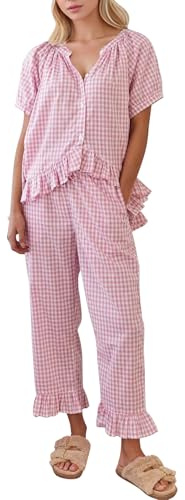 COZYPOIN Damen-Schlafanzug-Set, 2-teilig, kariert, Baumwolle, Rüschen, Nachtwäsche, Nachtwäsche, Nachtwäsche, Mutterschaft, Brautjungfer