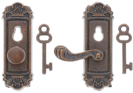 iplusmile Lot de 2 poignées de porte miniatures 1:12 avec clé, ferrures de porte rétro en bronze pour meubles de maison de poupée, accessoires de décoration antique pour porte de lutin, jardin
