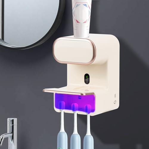 Automatic Electric Toothpaste Dispenser,Wall Mounted Toothbrush Holder with Toothpaste Dispenser,UV Toothbrush Sanitizer Holder for couple,3 Toothbrush Sterilizer Holder LED Light & Hygienic Squeeze