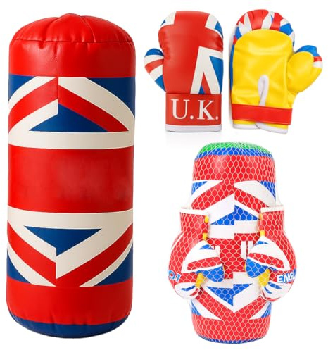 Toyana Kids Punching Bag and Boxing Gloves Set for Boys Girls, UK Flag Design, Junior Mitts for Kickboxing, Muay Thai Fitness Workout Sports Gift, Age 3+