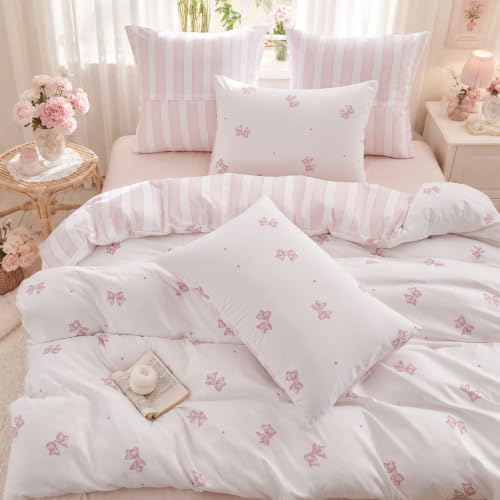 Freyamy Schleifen Bettwäsche 200x200 Rosa Schleife Gestreift Bettwäsche Set
