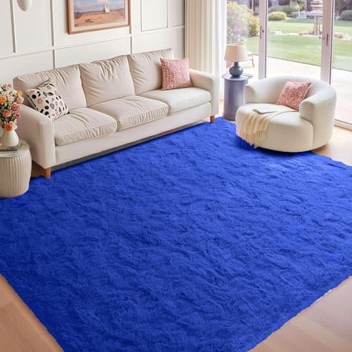 ZXIAOHUI Hochflor Teppich 250 x 350 cm Rechteckig, Langflor, Felloptik, Moderne Deko, Waschbarer Teppich Wohnzimmer Hochflorteppich für Fußbodenheizung Geeignet, Blau