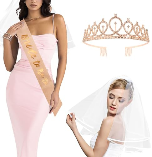 JUSTOTRY 3 Stück Jga Accessoires Frauen Set,Gold Bride to Be Schärpe,Embroidered Schleier Jga und Braut Krone für Junggesellenabschied Frauen und Geschenk Hochzeit
