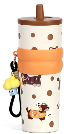 pluseight Stainless Steel Tumbler with Straw, 750ml/25oz Reusable Leak Proof Water Bottle, Travel Portable Coffee Mug for Hot and Cold, Fit in Car Cup Holder (Cute Pet)