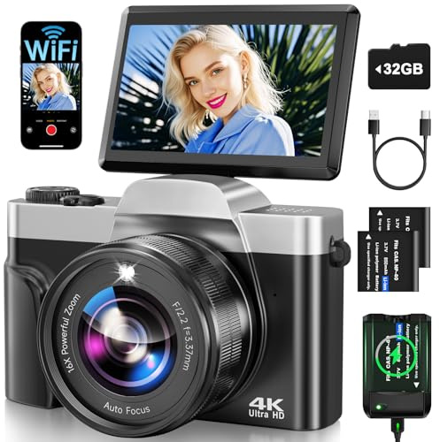 Macchina Fotografica Digitale con WiFi, 4K 64MP Autofocus Fotocamera Compatta, Digitale Camera con 16X Zoom 3 Flip 180° Videocamera con Scheda di Memoria Da 32GB per Principianti e Adolescenti