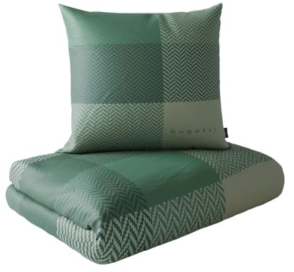 bugatti Satin-Flanell Bettwäsche 135x200 cm grün - 100% Baumwolle | 2in1 Kombibettwäsche Rautenmuster, 2-teiliges Set inkl. Kissenbezug 80x80 cm, waschbares Bettwäsche-Set mit Reißverschluss