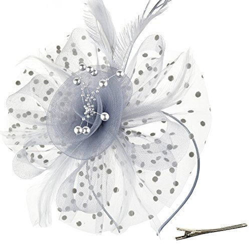 DRESHOW Fascinators Hut Blume Mesh Bänder Federn auf einem Stirnband und einem geteilten Clip Cocktail Tea Party Headwear für Mädchen und Frauen,Grey,Einheitsgröße