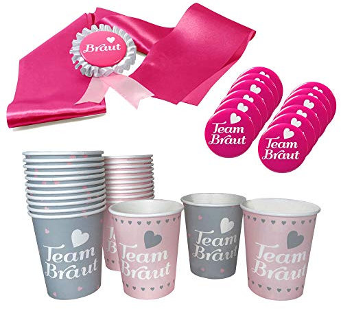 Frau WunderVoll® JGA Gruppenset Grosse Gruppe Premium für Braut und 12 Freundinnen Inhalt 12 Team Braut Button/ 24 Pappbecher Team Braut/Braut Orden/Braut Schärpe